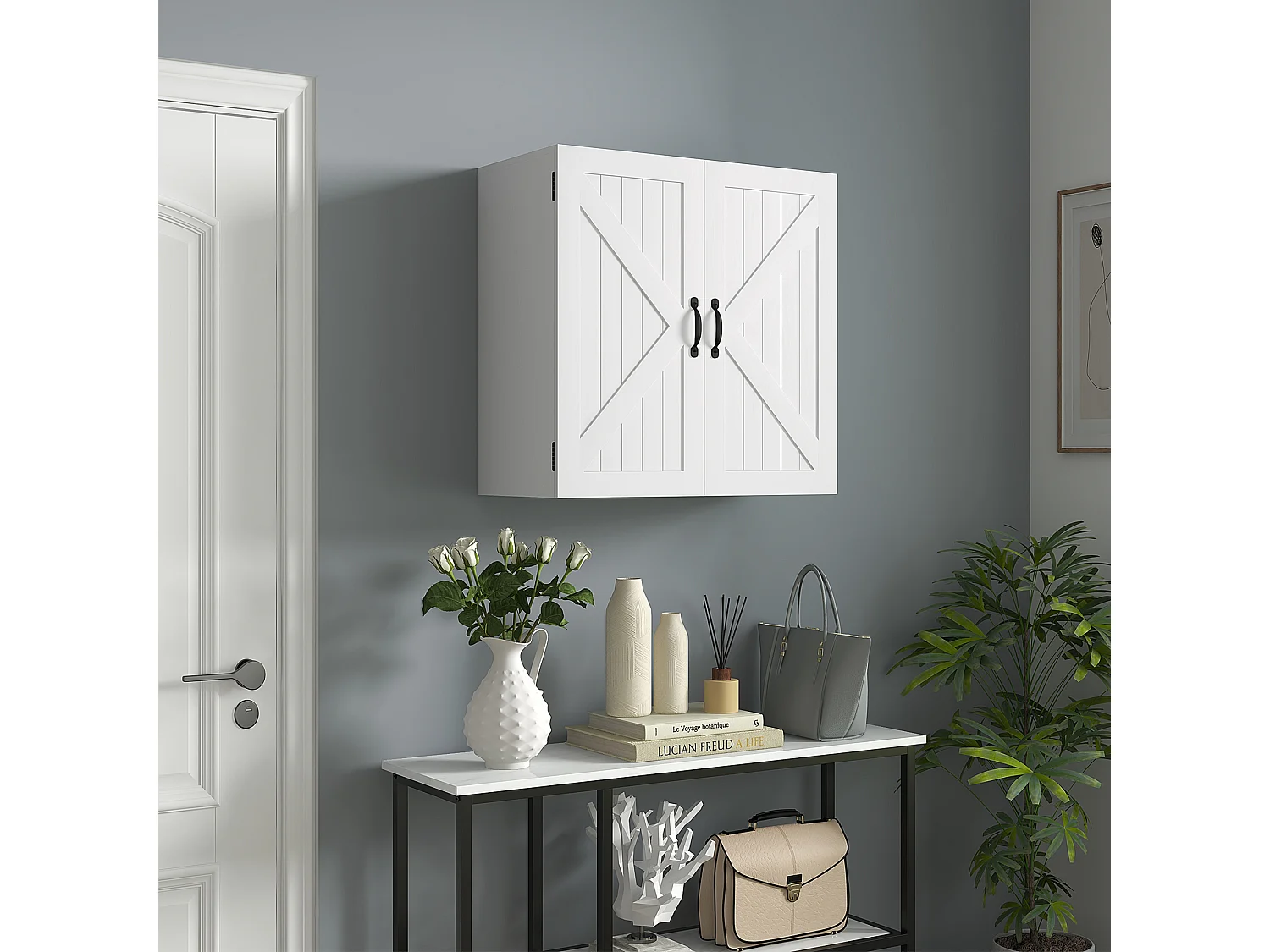 Pensile bagno stile country con ripiano regolabile bianco