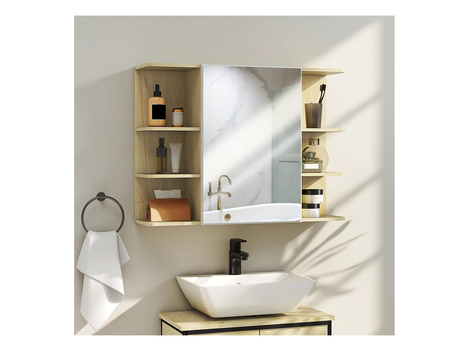 Specchiera bagno con armadietto e 6 ripiani aperti colore legno