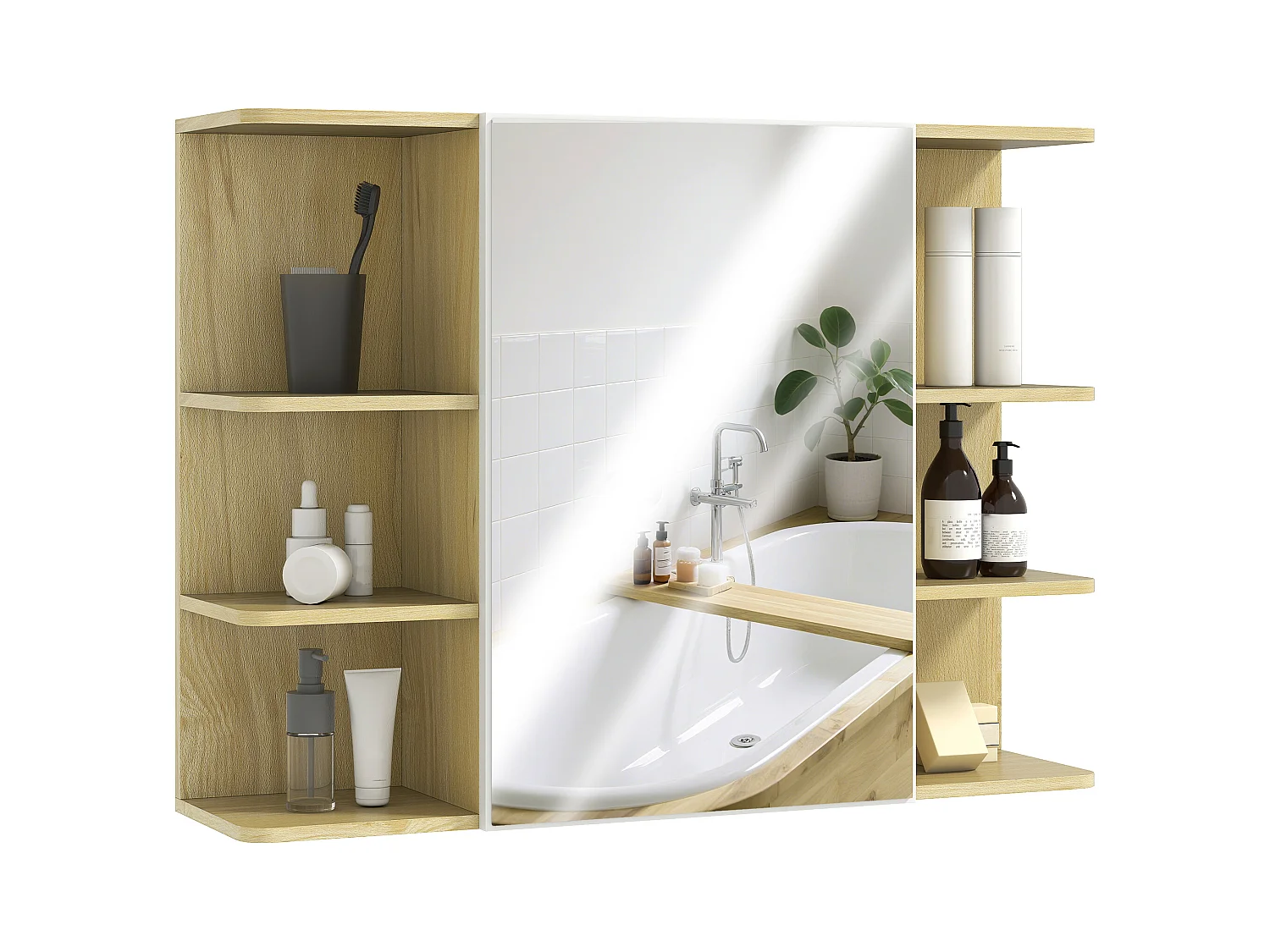 Specchiera bagno con armadietto e 6 ripiani aperti colore legno