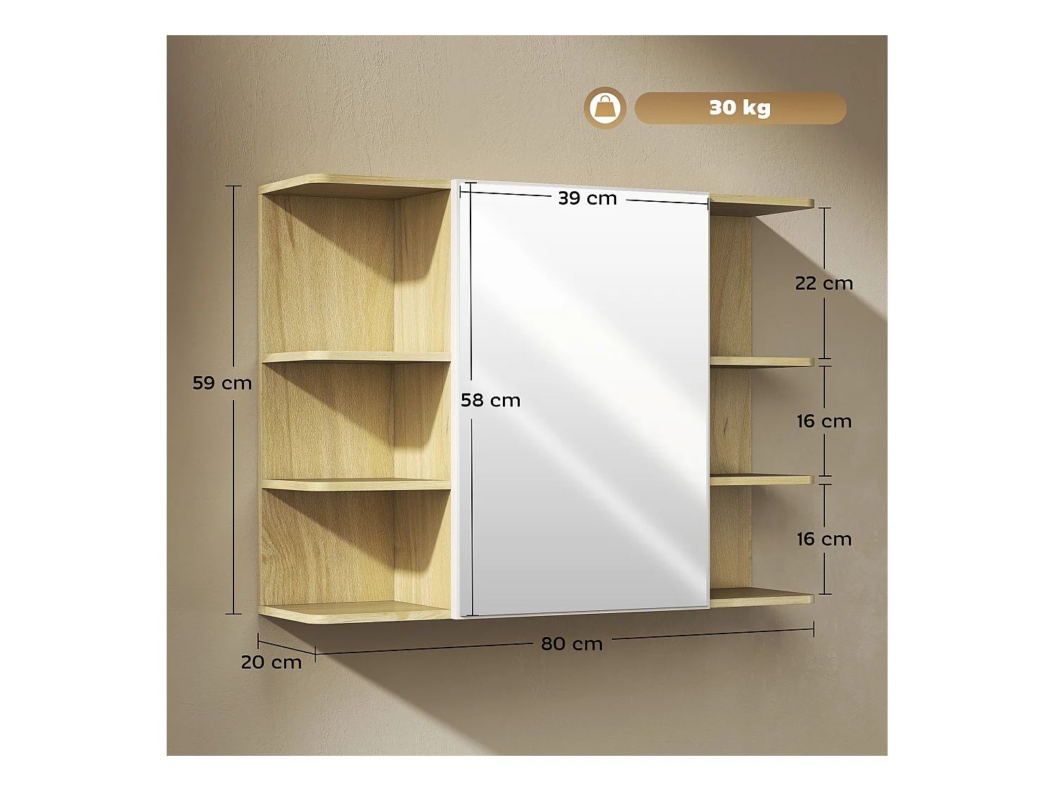 Specchiera bagno con armadietto e 6 ripiani aperti colore legno