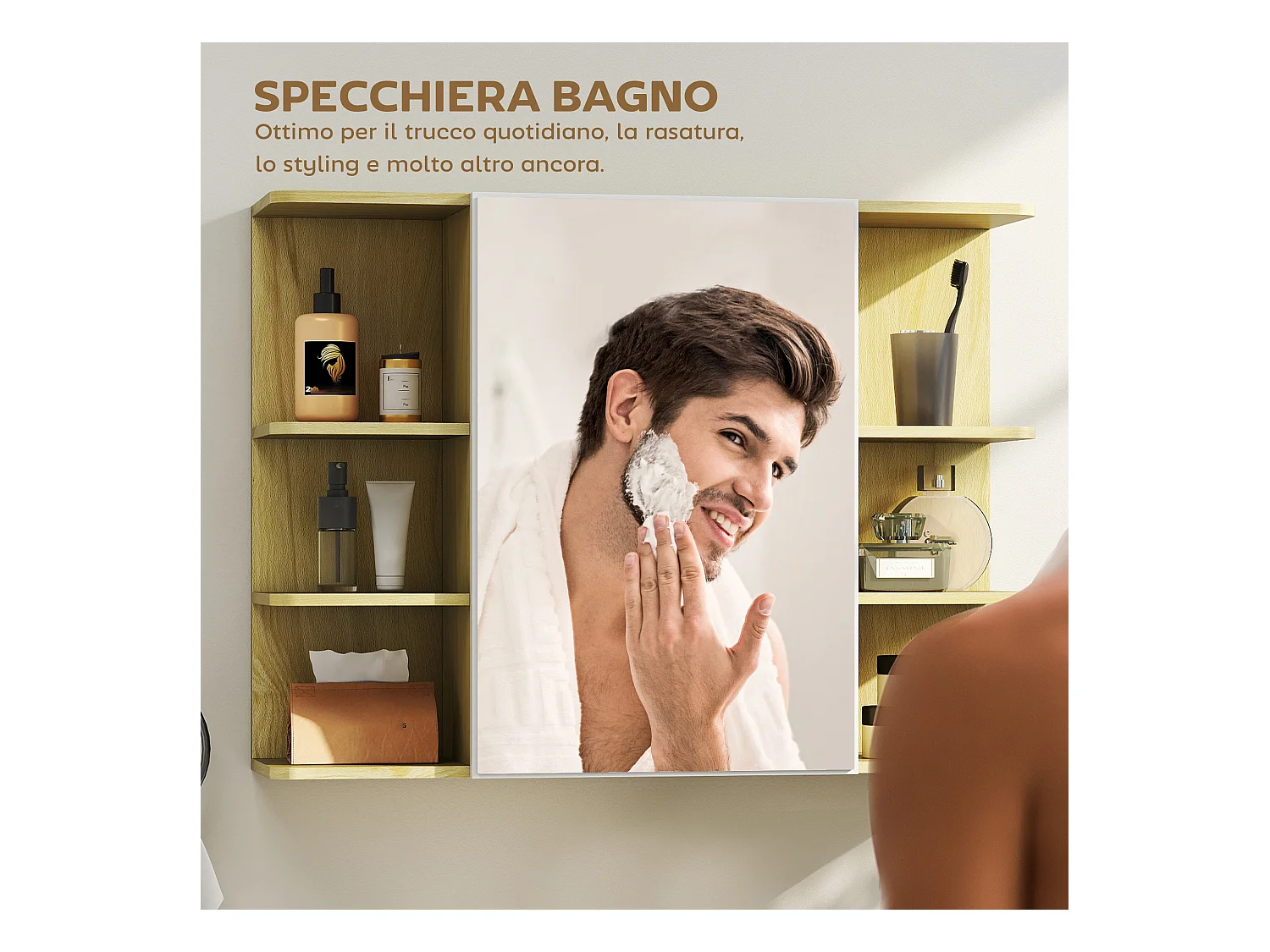 Specchiera bagno con armadietto e 6 ripiani aperti colore legno