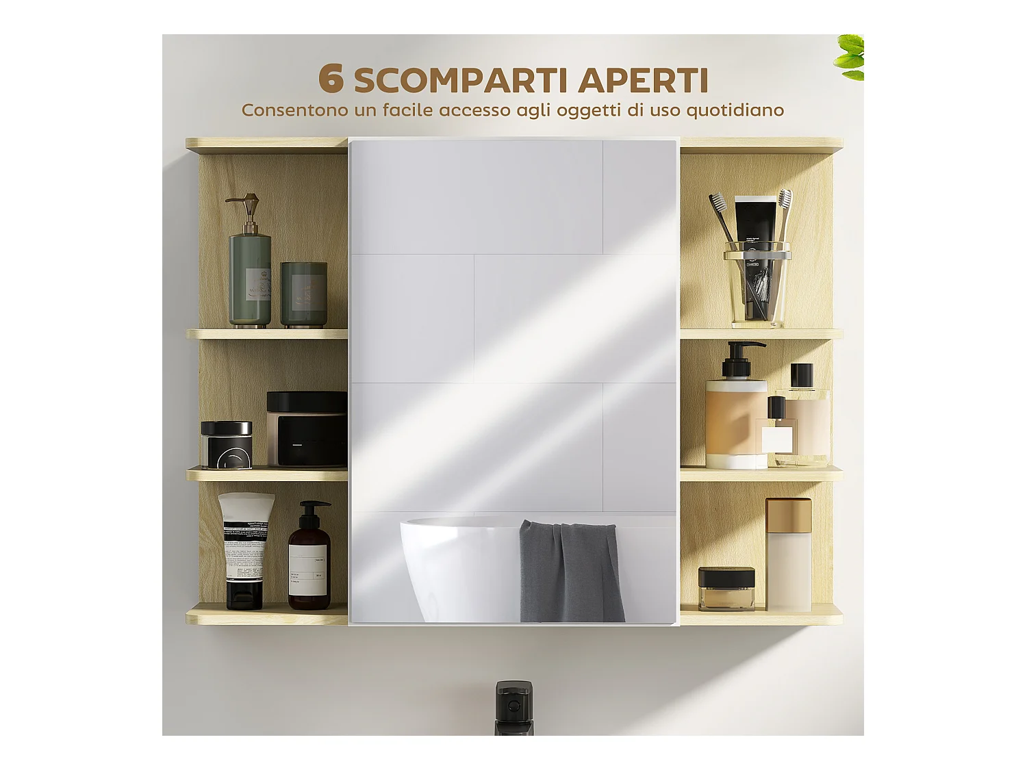 Specchiera bagno con armadietto e 6 ripiani aperti colore legno