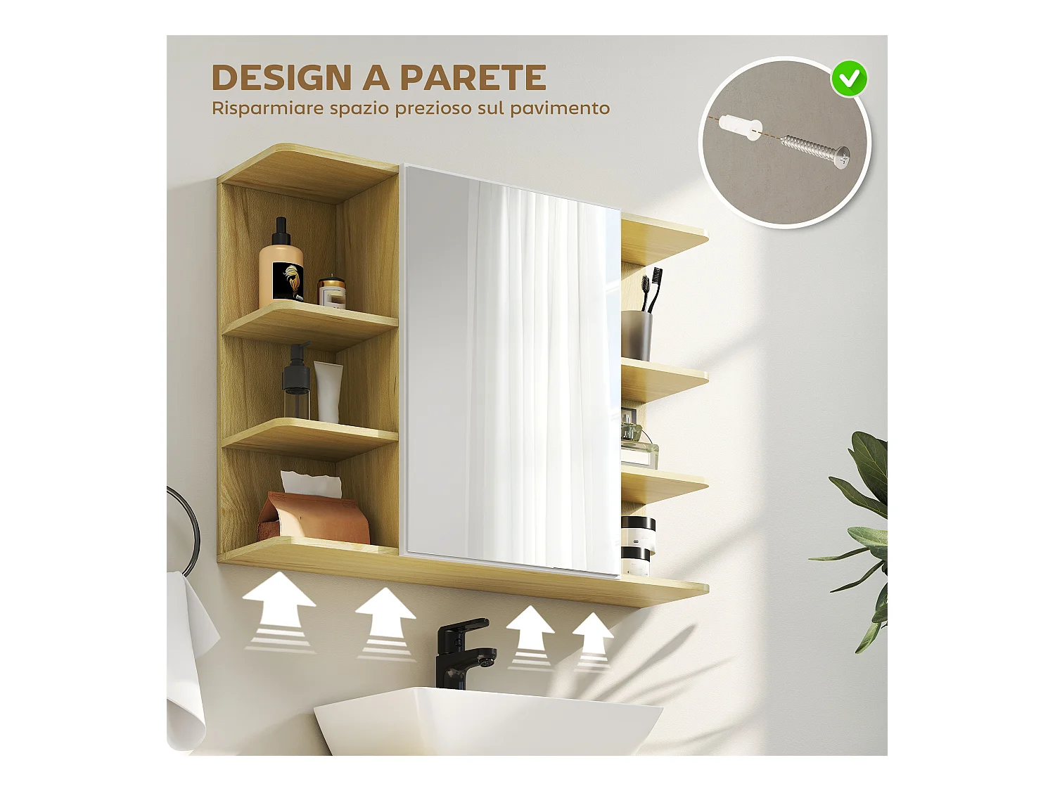 Specchiera bagno con armadietto e 6 ripiani aperti colore legno