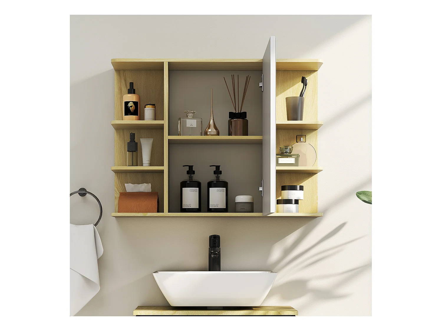 Specchiera bagno con armadietto e 6 ripiani aperti colore legno