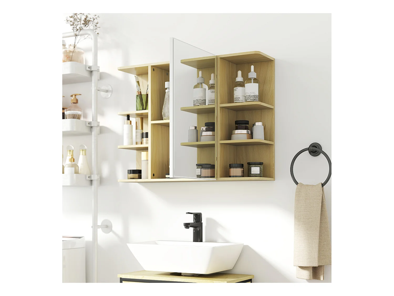 Specchiera bagno con armadietto e 6 ripiani aperti colore legno