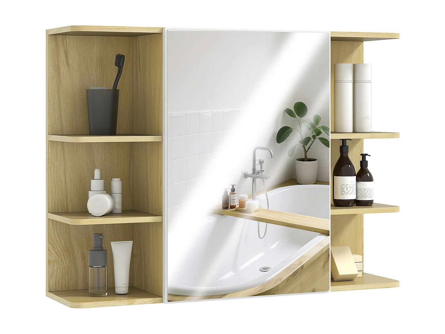 Specchiera bagno con armadietto e 6 ripiani aperti colore legno