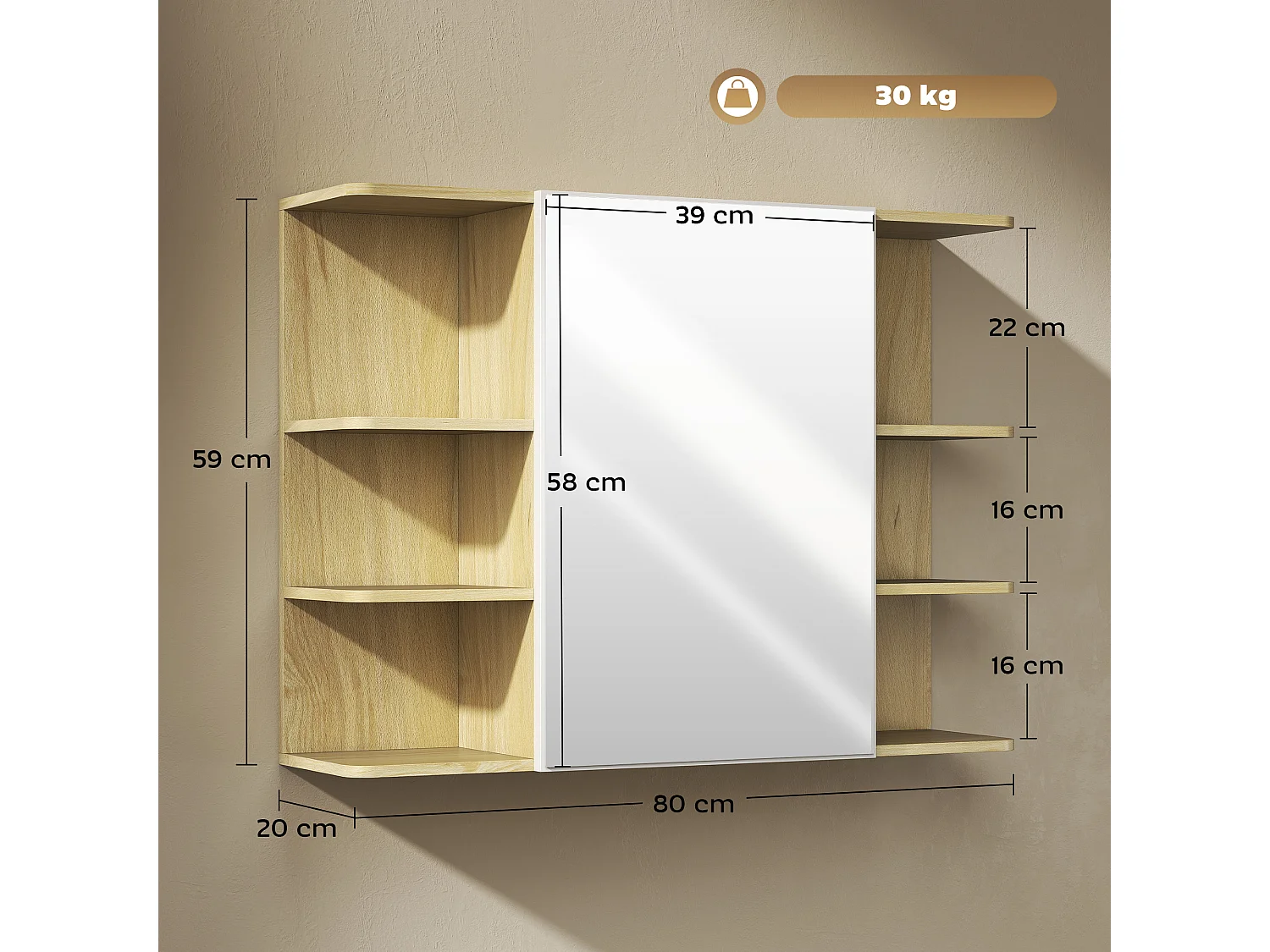 Specchiera bagno con armadietto e 6 ripiani aperti colore legno