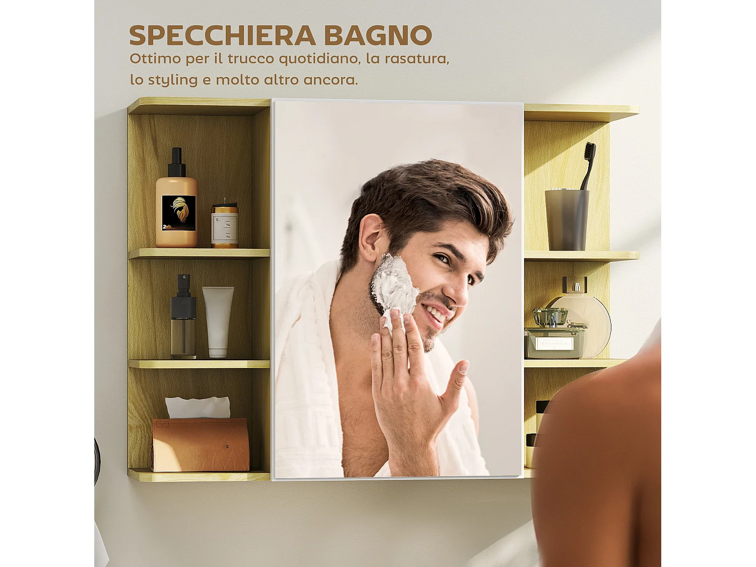 Specchiera bagno con armadietto e 6 ripiani aperti colore legno