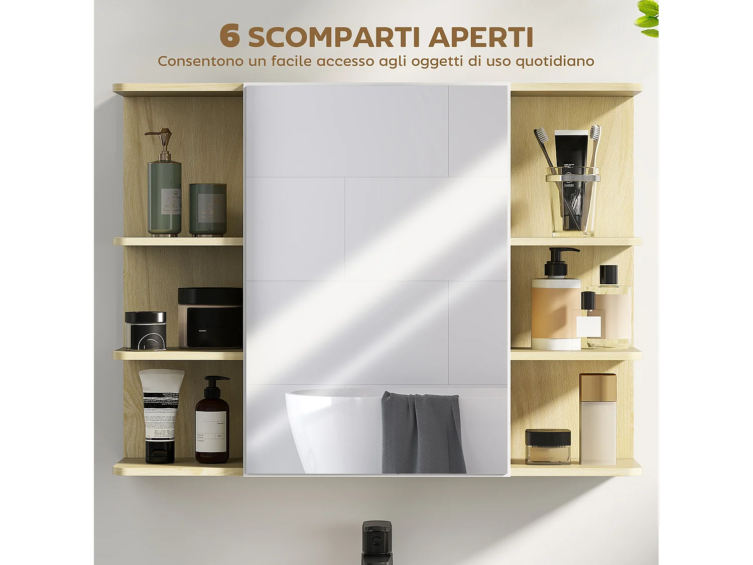 Specchiera bagno con armadietto e 6 ripiani aperti colore legno