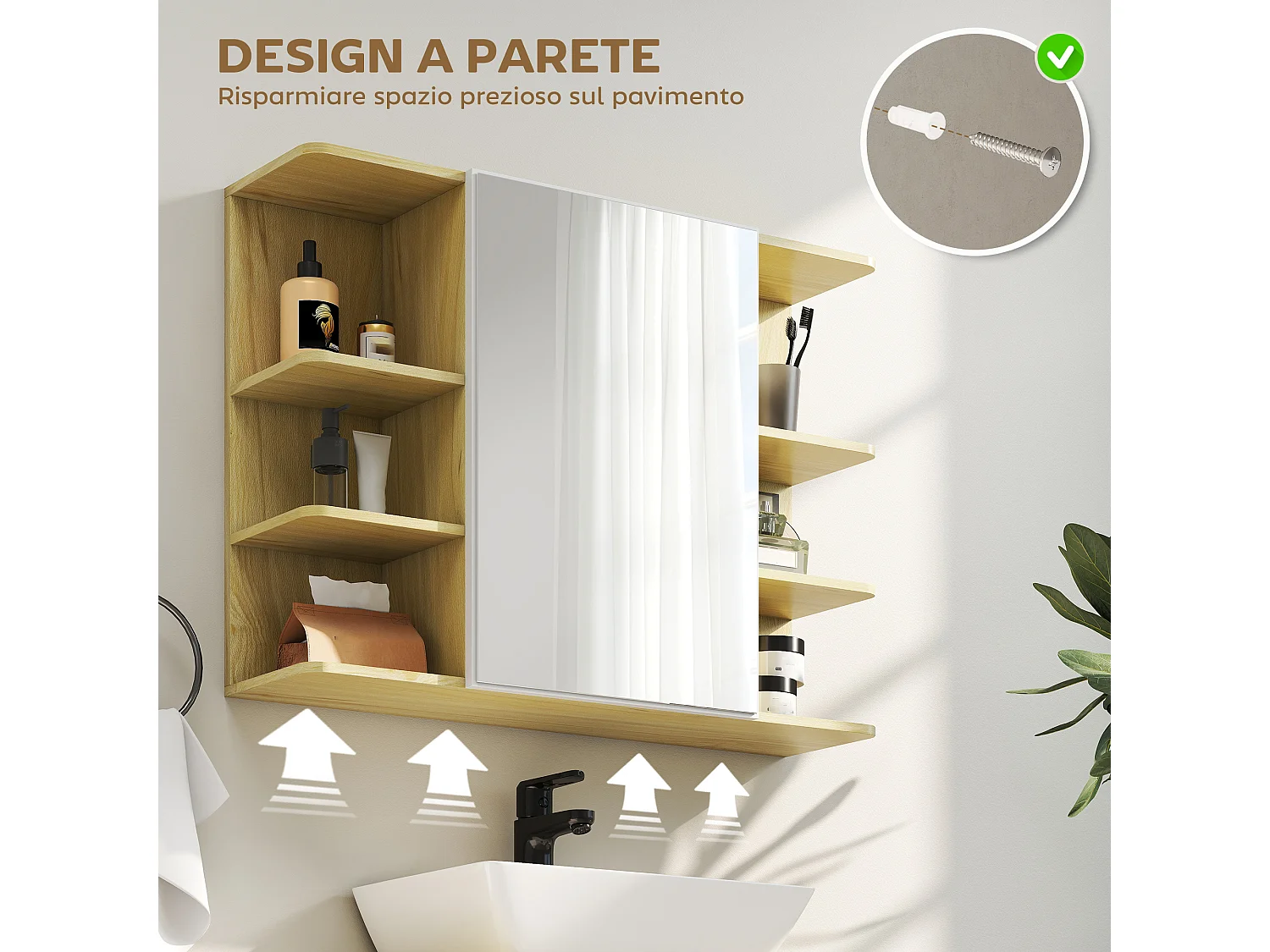 Specchiera bagno con armadietto e 6 ripiani aperti colore legno