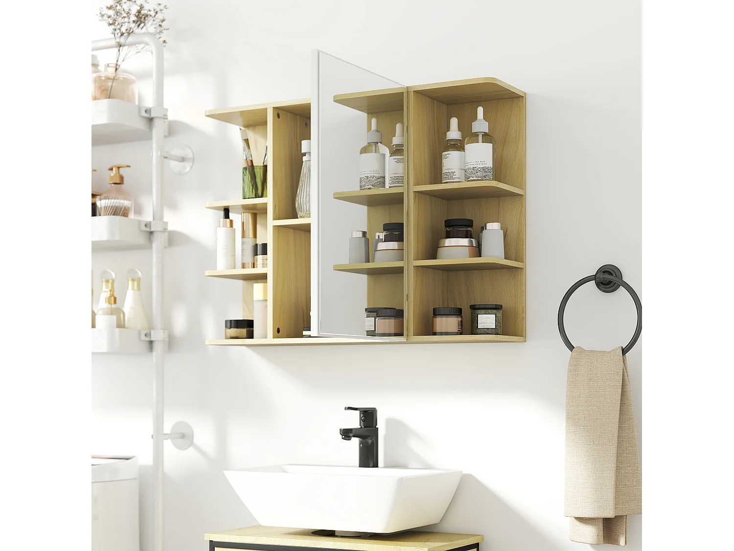 Specchiera bagno con armadietto e 6 ripiani aperti colore legno