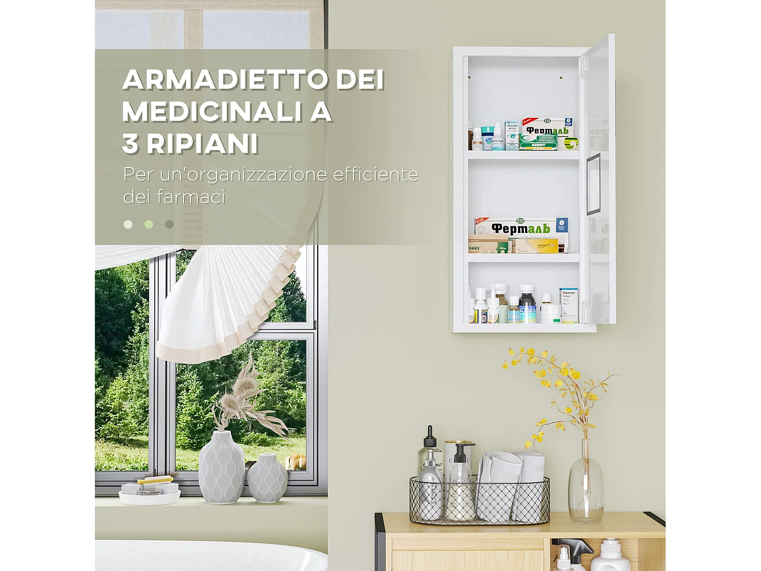 Armadietto medicinali a 3 ripiani in acciaio 30x12x60 cm bianco