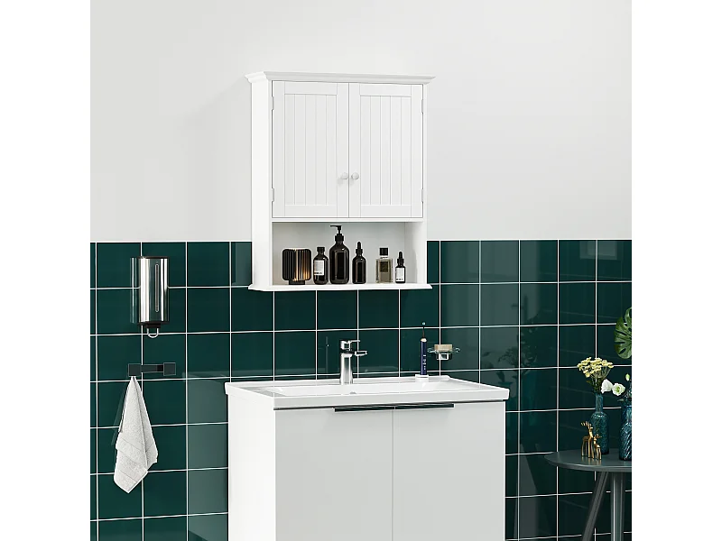 Mobile pensile bagno con armadietto a 2 ante e ripiano aperto bianco