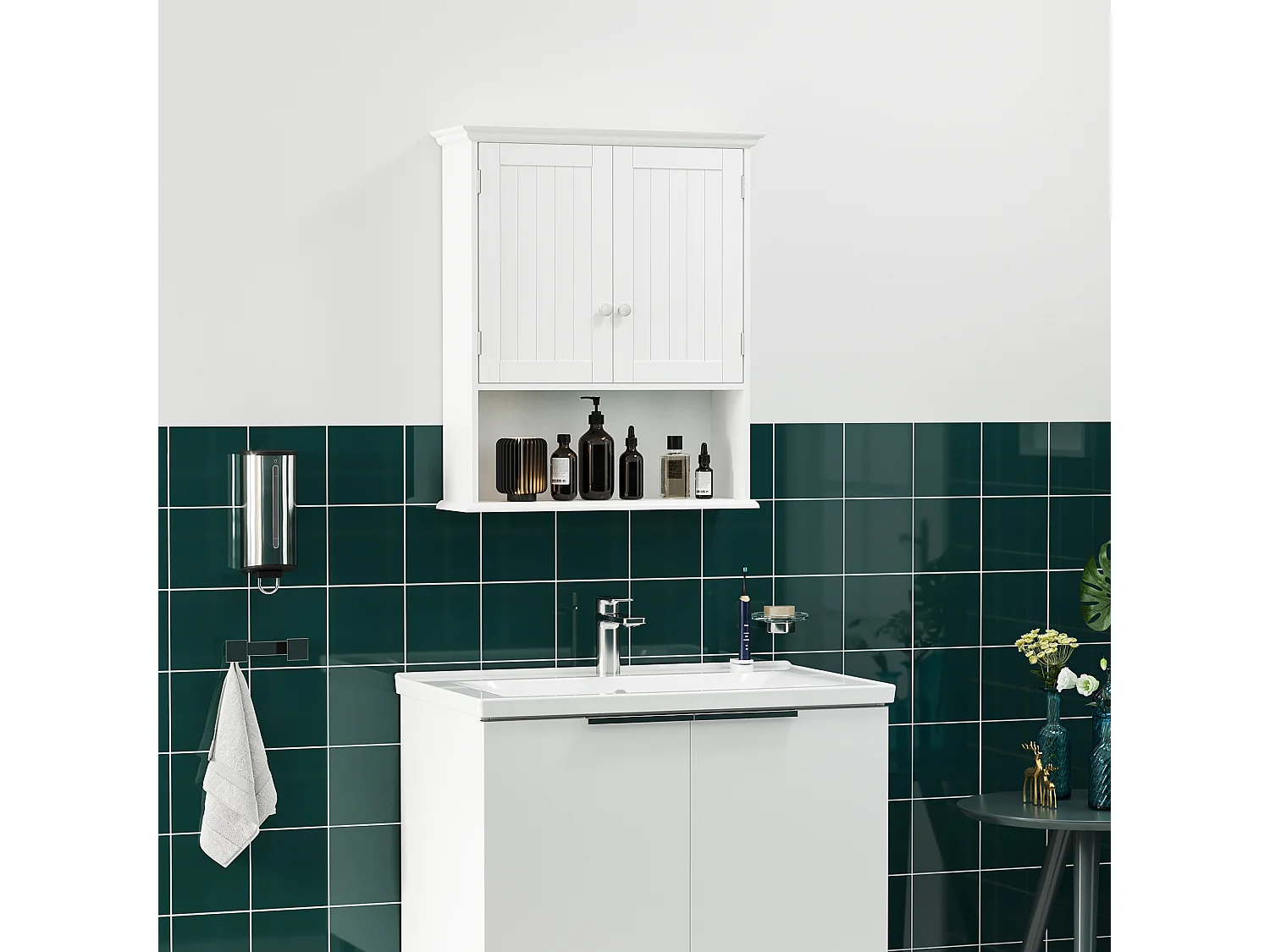 Mobile pensile bagno con armadietto a 2 ante e ripiano aperto bianco