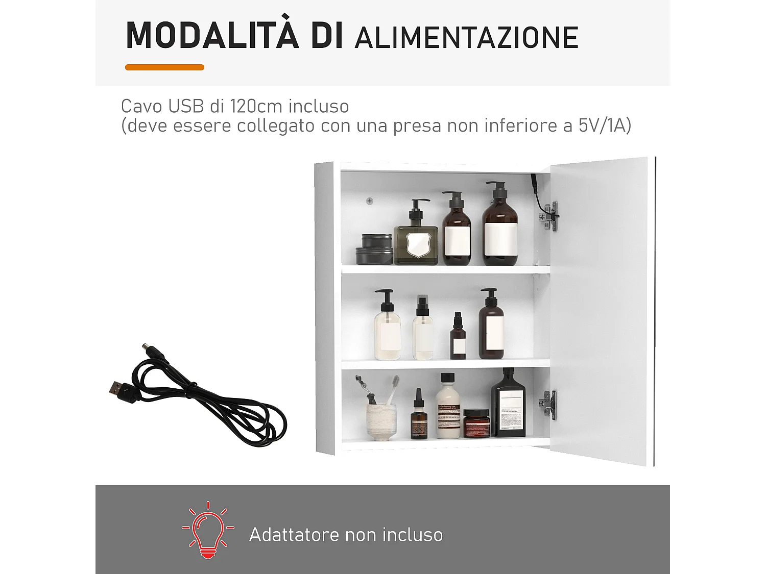 Armadietto pensile da bagno con 1 anta e luci a led in mdf bianco