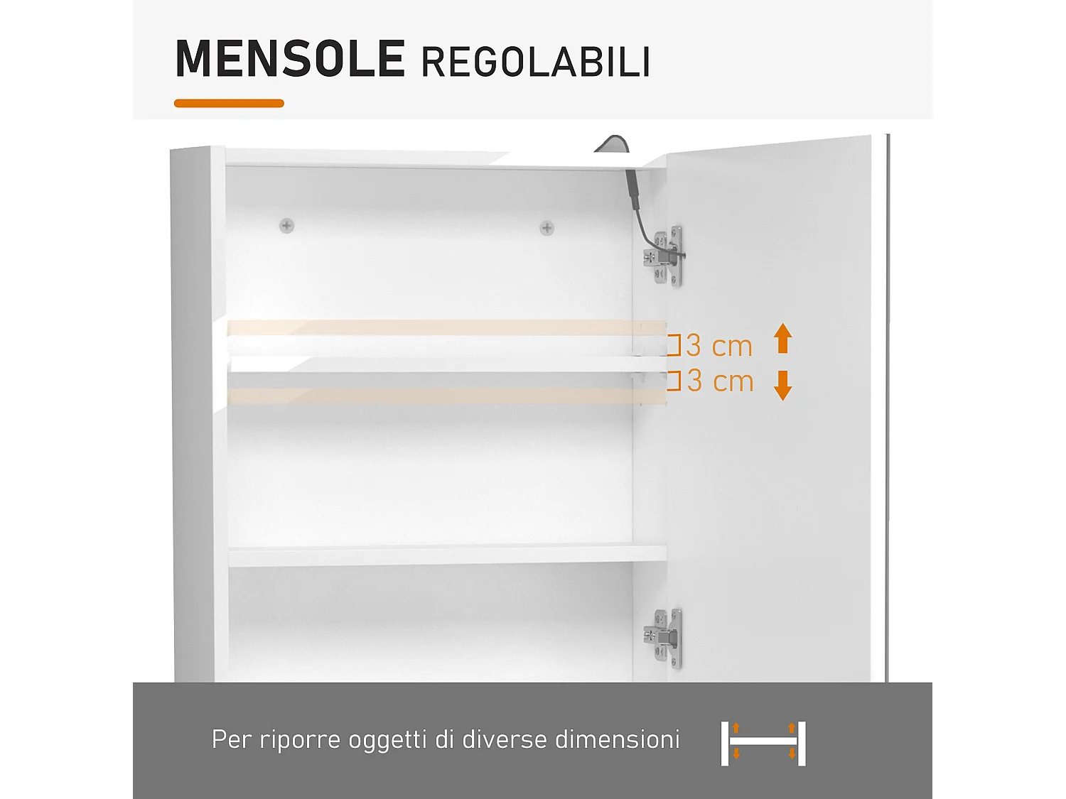 Armadietto pensile da bagno con 1 anta e luci a led in mdf bianco