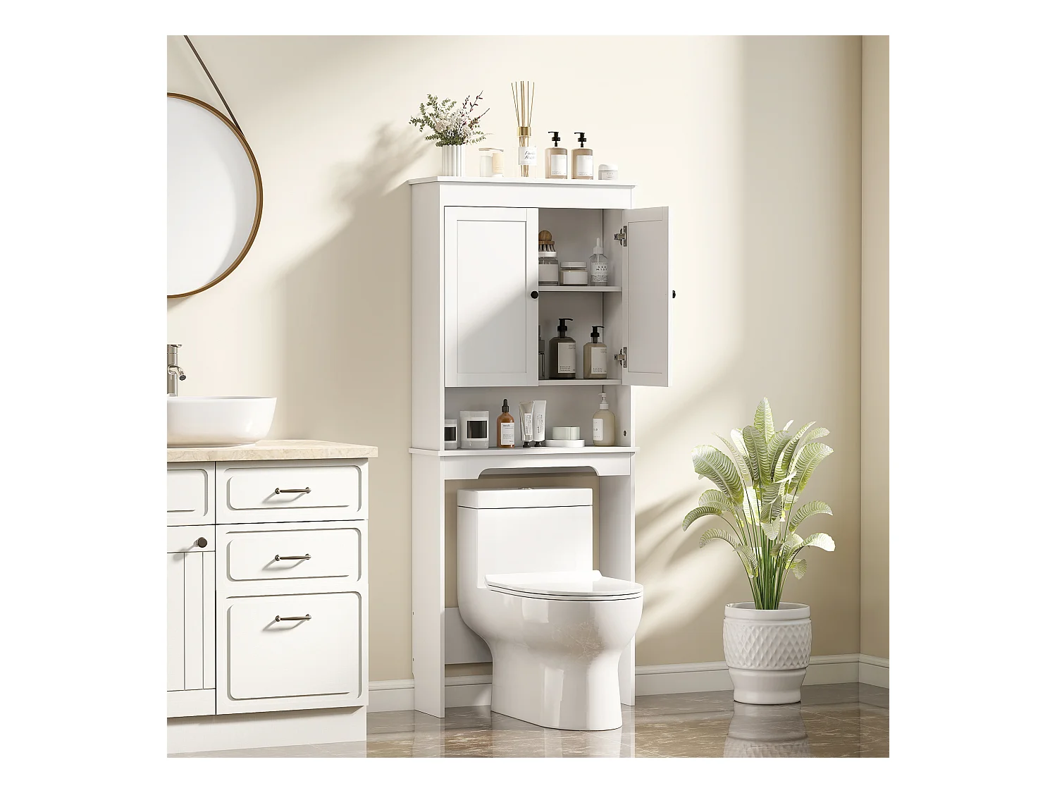 Mobile sopra wc con 3 mensole chiuse e ripiano aperto bianco