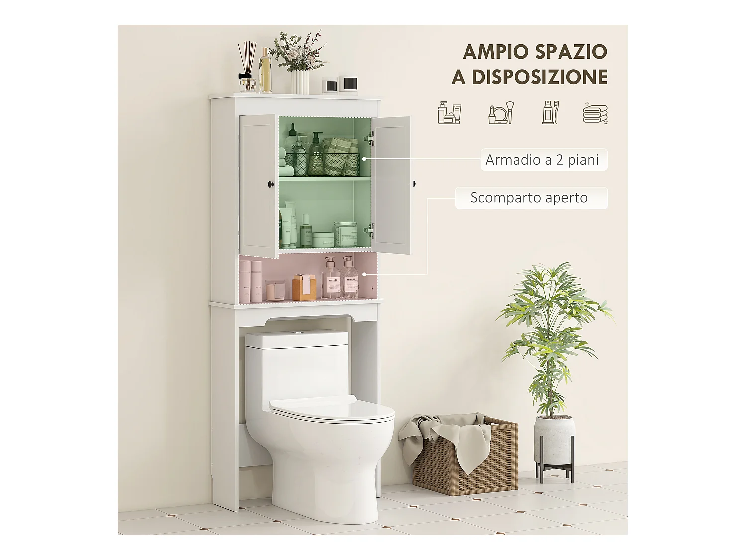 Mobile sopra wc con 3 mensole chiuse e ripiano aperto bianco