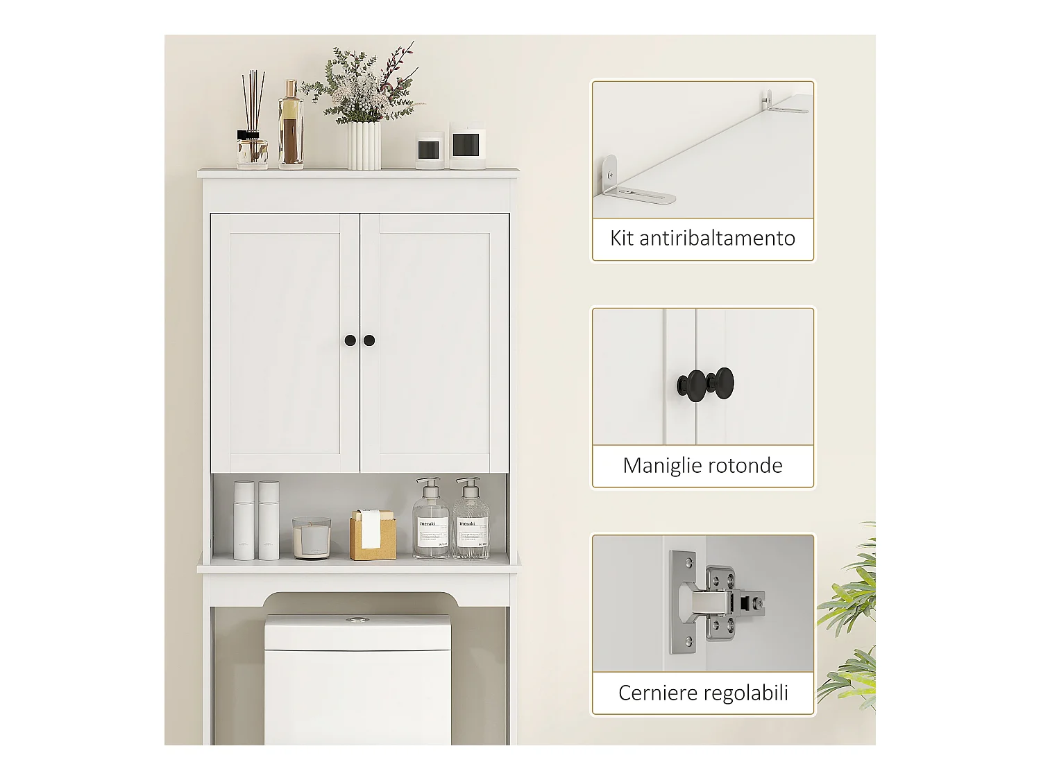 Mobile sopra wc con 3 mensole chiuse e ripiano aperto bianco