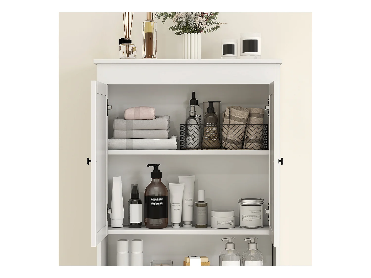 Mobile sopra wc con 3 mensole chiuse e ripiano aperto bianco