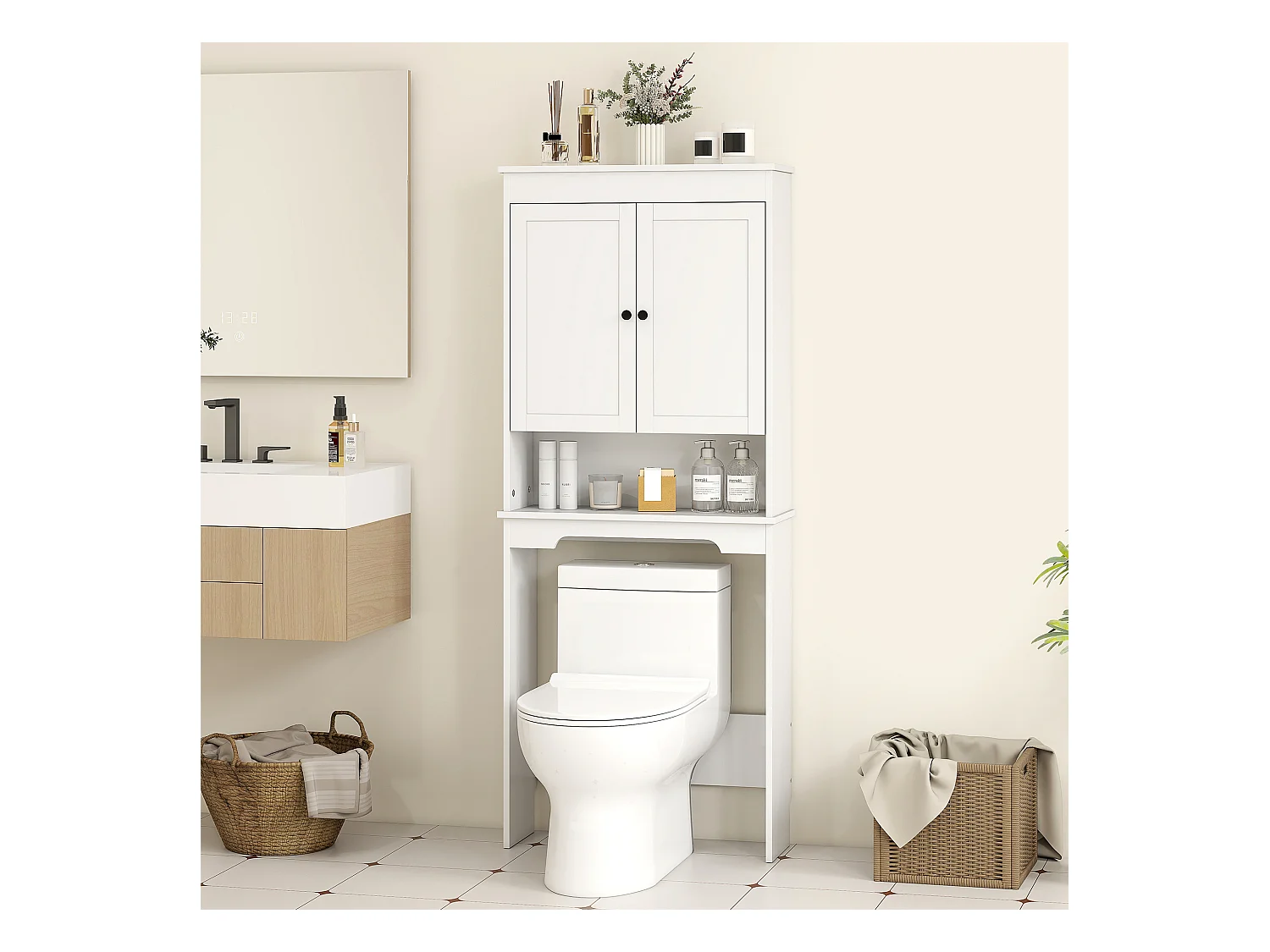 Mobile sopra wc con 3 mensole chiuse e ripiano aperto bianco