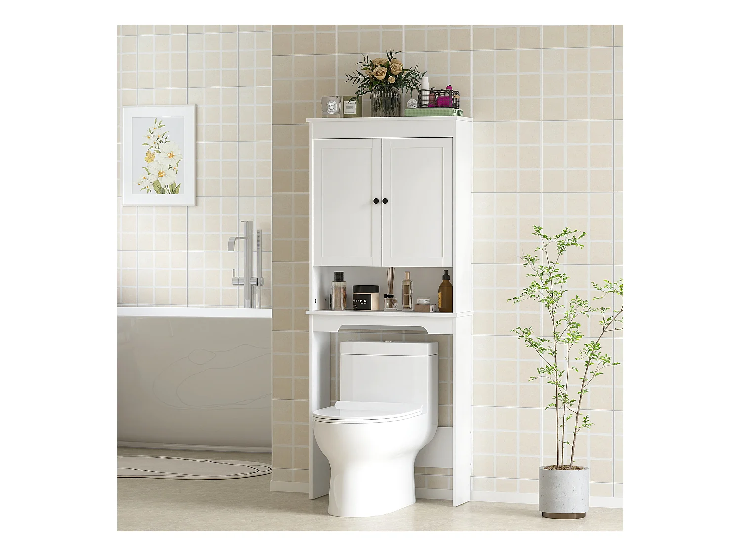 Mobile sopra wc con 3 mensole chiuse e ripiano aperto bianco