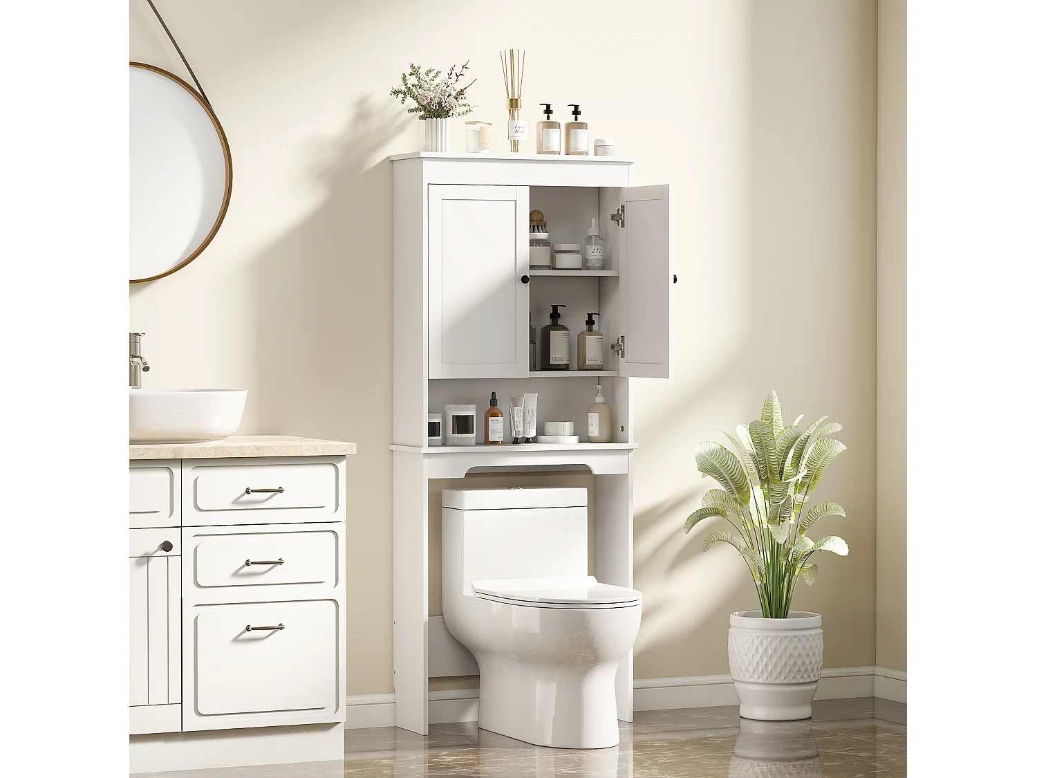 Mobile sopra wc con 3 mensole chiuse e ripiano aperto bianco