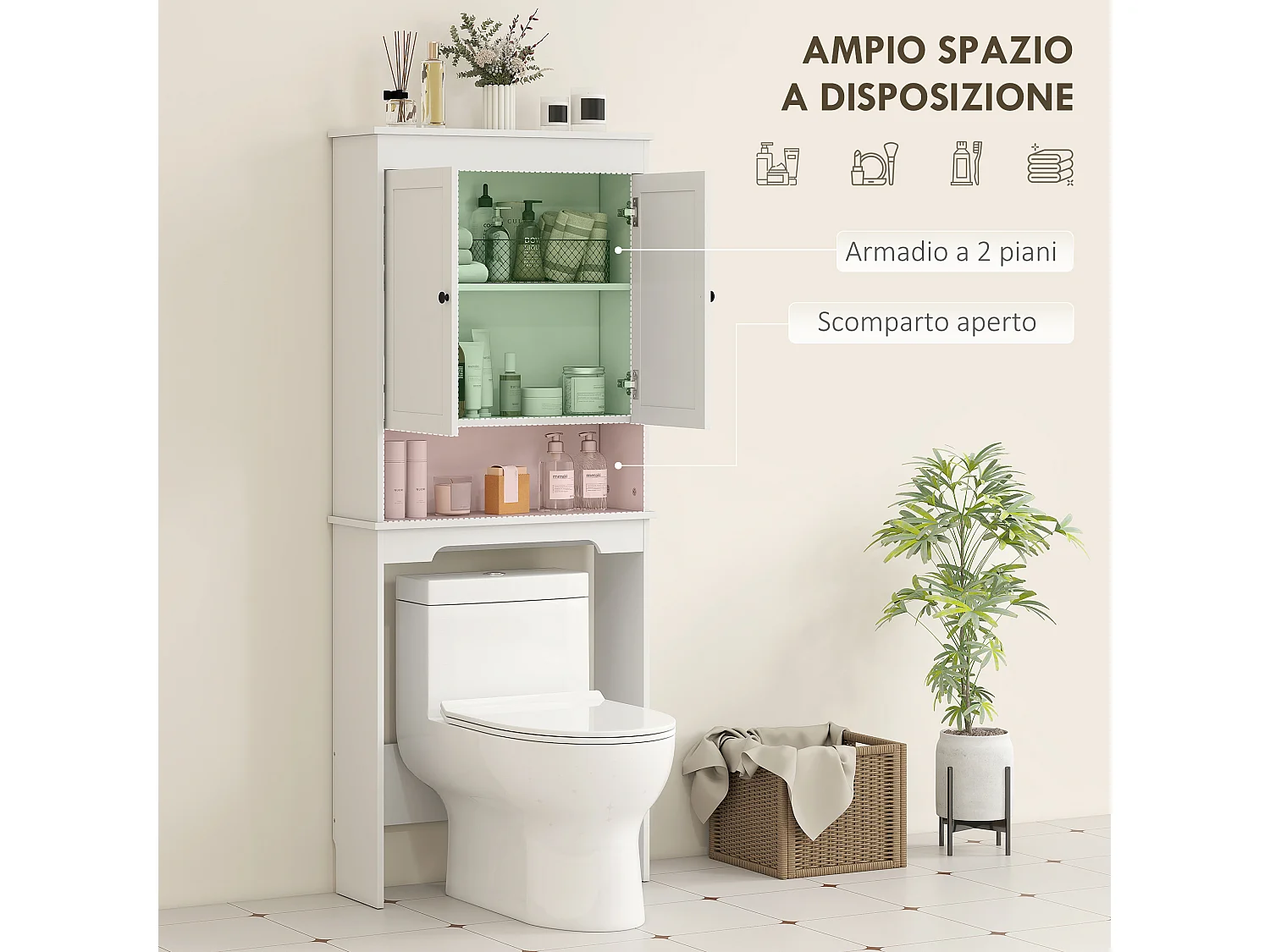 Mobile sopra wc con 3 mensole chiuse e ripiano aperto bianco