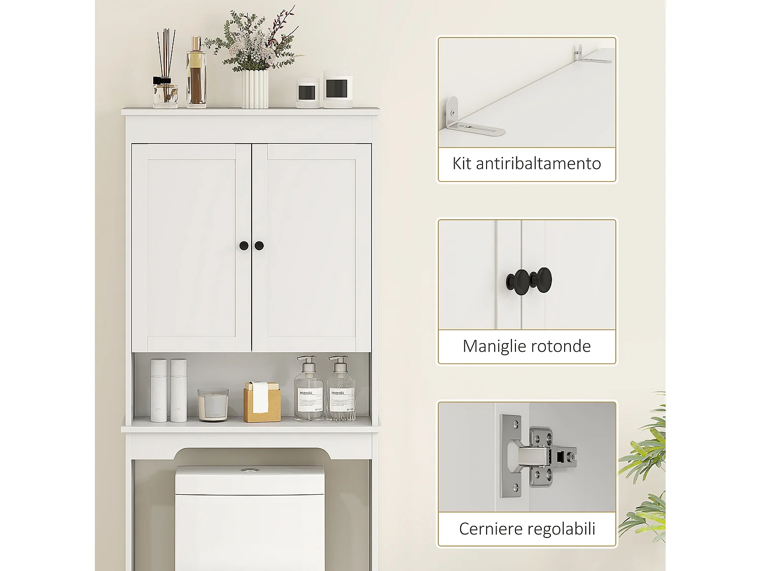 Mobile sopra wc con 3 mensole chiuse e ripiano aperto bianco