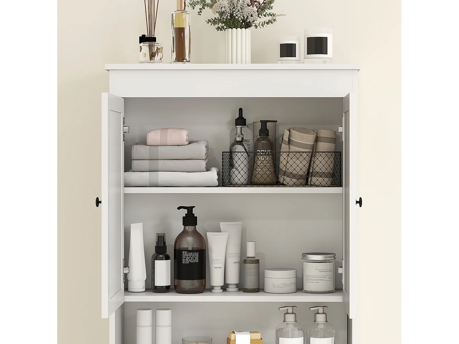 Mobile sopra wc con 3 mensole chiuse e ripiano aperto bianco