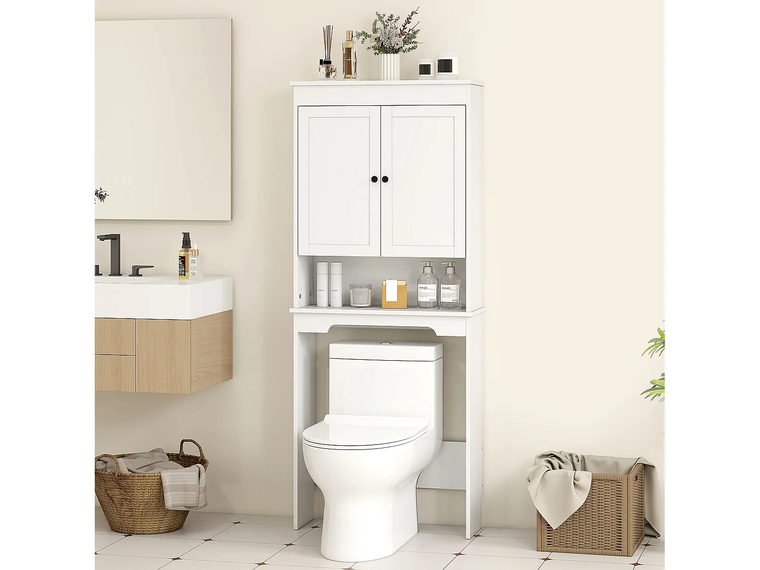 Mobile sopra wc con 3 mensole chiuse e ripiano aperto bianco