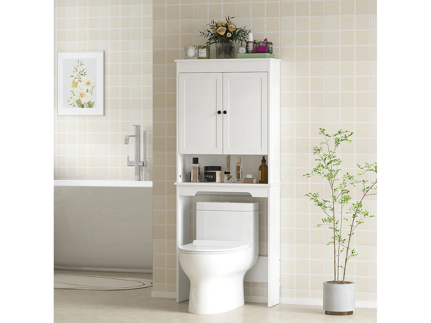 Mobile sopra wc con 3 mensole chiuse e ripiano aperto bianco