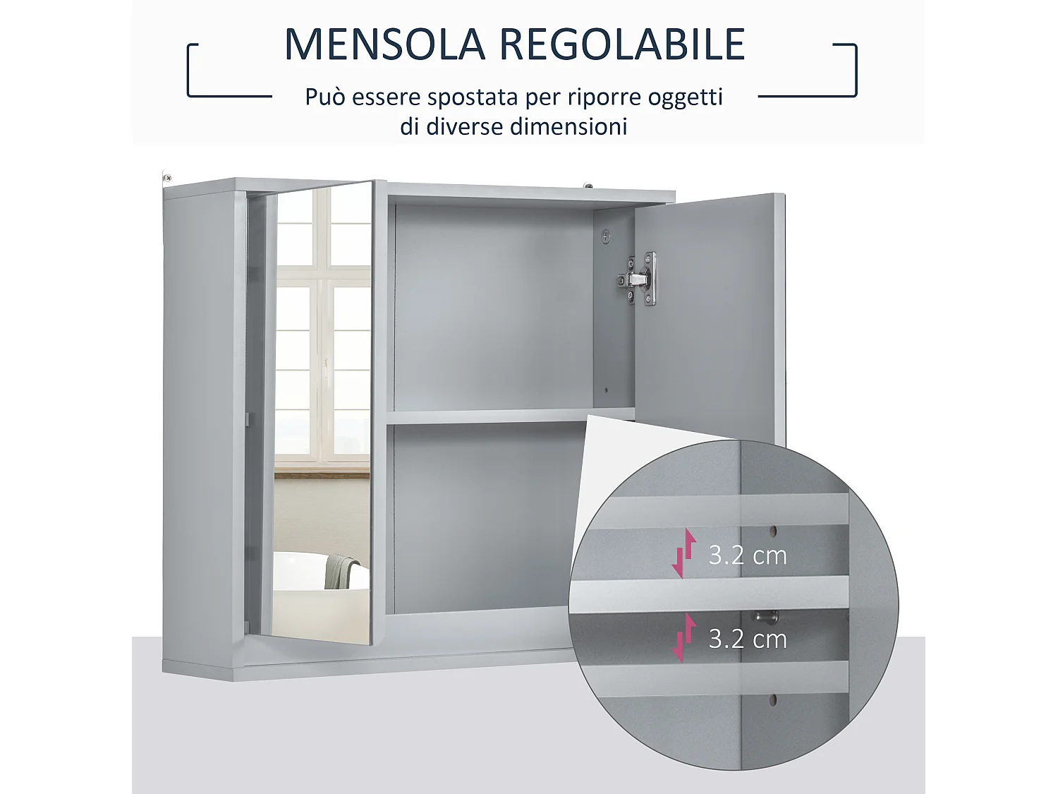 Armadietto per parete bagno a doppia porta con ripiano regolabile