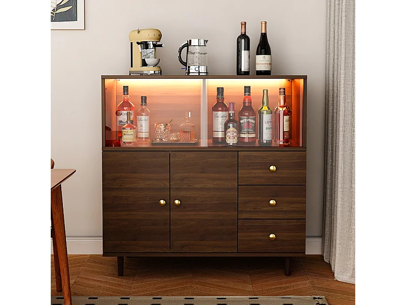Buffet Bas avec 2 des 4 Portes en Acrylique Transparents et 3 Tiroirs , à Éclairage LED Tricolore, Salon, 90 x 40 x 90 CM, Marron