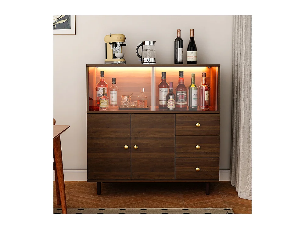 Buffet Bas avec 2 des 4 Portes en Acrylique Transparents et 3 Tiroirs , à Éclairage LED Tricolore, Salon, 90 x 40 x 90 CM, Marron