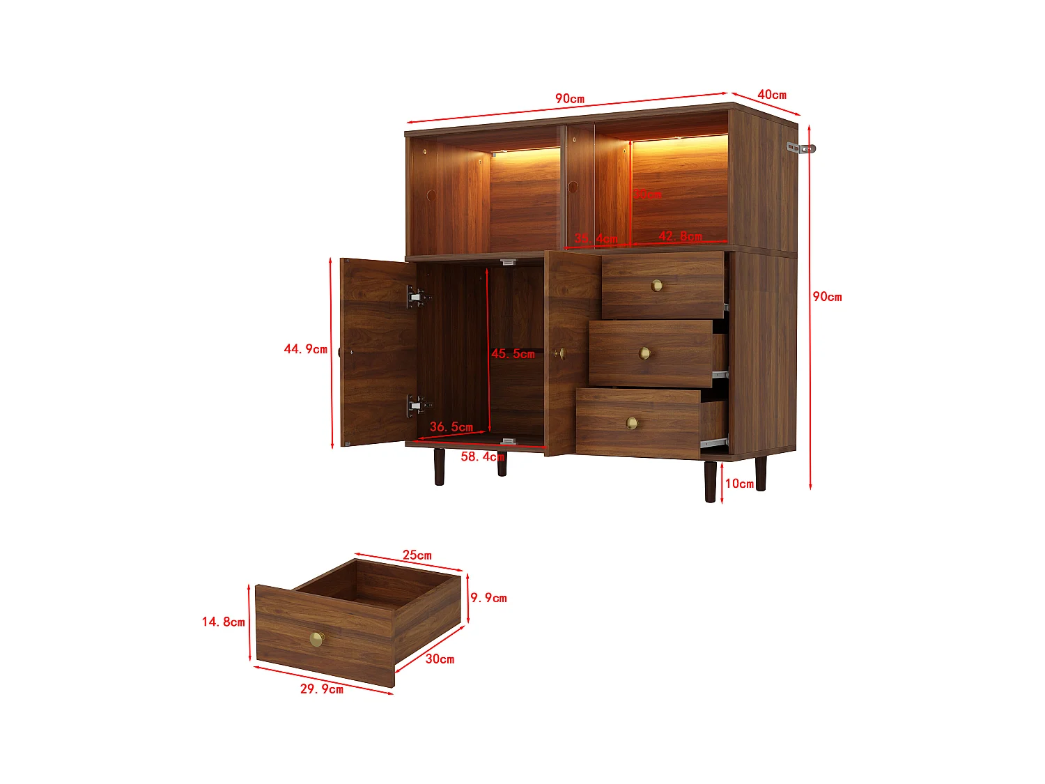 Buffet Bas avec 2 des 4 Portes en Acrylique Transparents et 3 Tiroirs , à Éclairage LED Tricolore, Salon, 90 x 40 x 90 CM, Marron