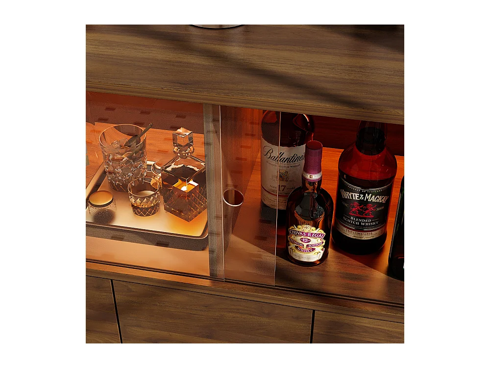 Buffet Bas avec 2 des 4 Portes en Acrylique Transparents et 3 Tiroirs , à Éclairage LED Tricolore, Salon, 90 x 40 x 90 CM, Marron