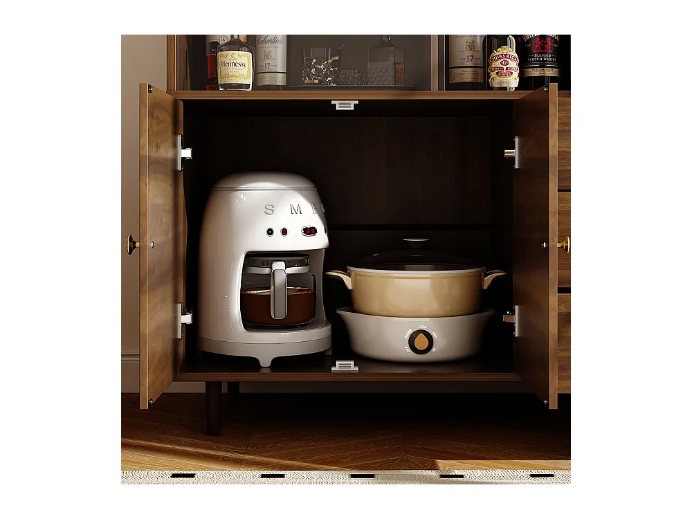 Buffet Bas avec 2 des 4 Portes en Acrylique Transparents et 3 Tiroirs , à Éclairage LED Tricolore, Salon, 90 x 40 x 90 CM, Marron