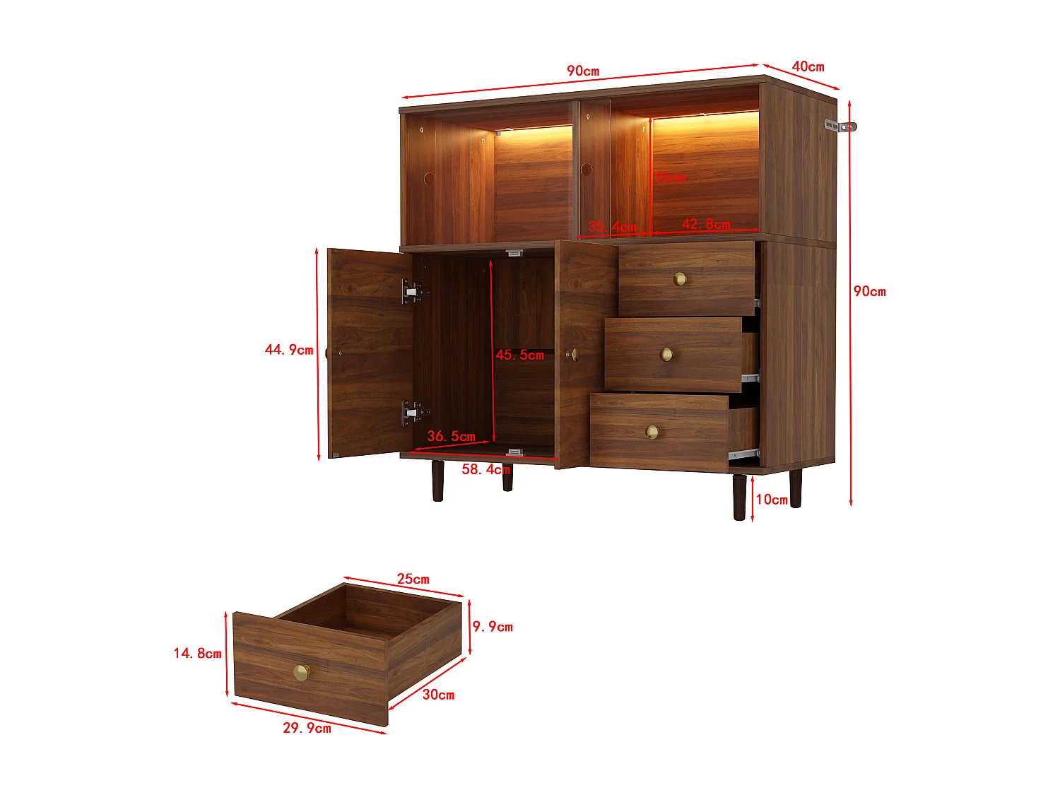 Buffet Bas avec 2 des 4 Portes en Acrylique Transparents et 3 Tiroirs , à Éclairage LED Tricolore, Salon, 90 x 40 x 90 CM, Marron