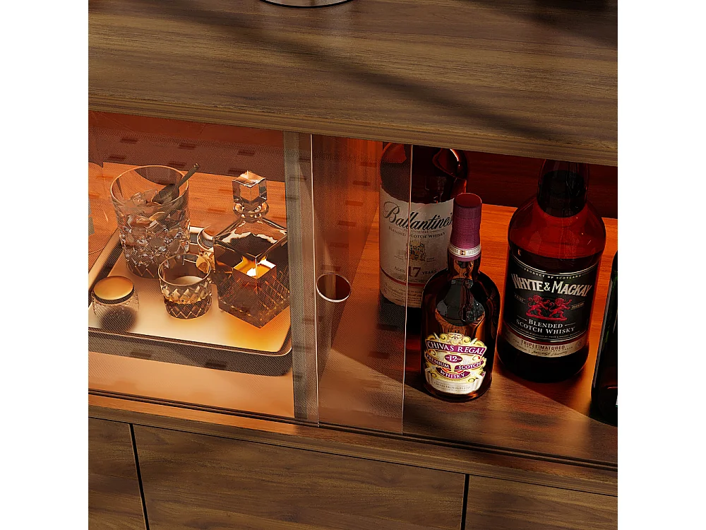 Buffet Bas avec 2 des 4 Portes en Acrylique Transparents et 3 Tiroirs , à Éclairage LED Tricolore, Salon, 90 x 40 x 90 CM, Marron