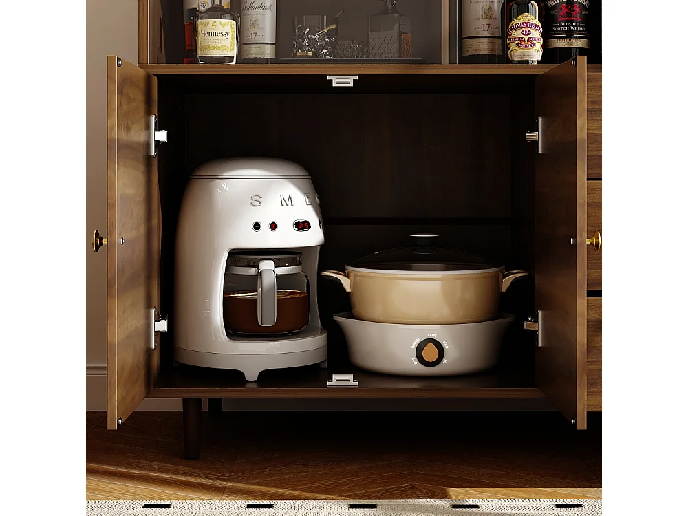 Buffet Bas avec 2 des 4 Portes en Acrylique Transparents et 3 Tiroirs , à Éclairage LED Tricolore, Salon, 90 x 40 x 90 CM, Marron