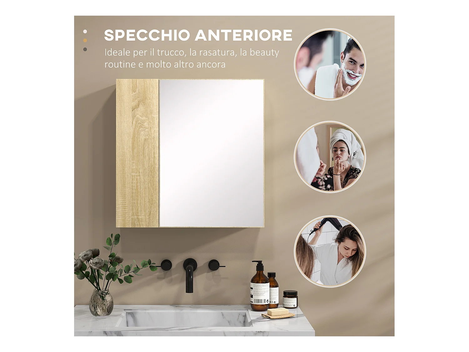 Mobile con specchio per il bagno e 4 ripiani 60x15x60cm
