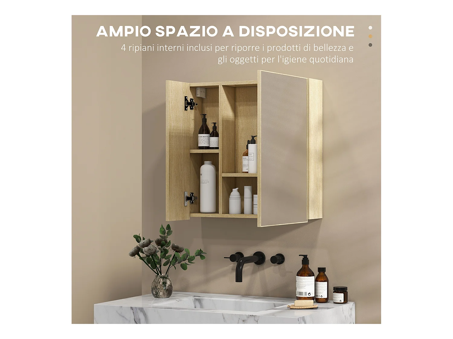 Mobile con specchio per il bagno e 4 ripiani 60x15x60cm