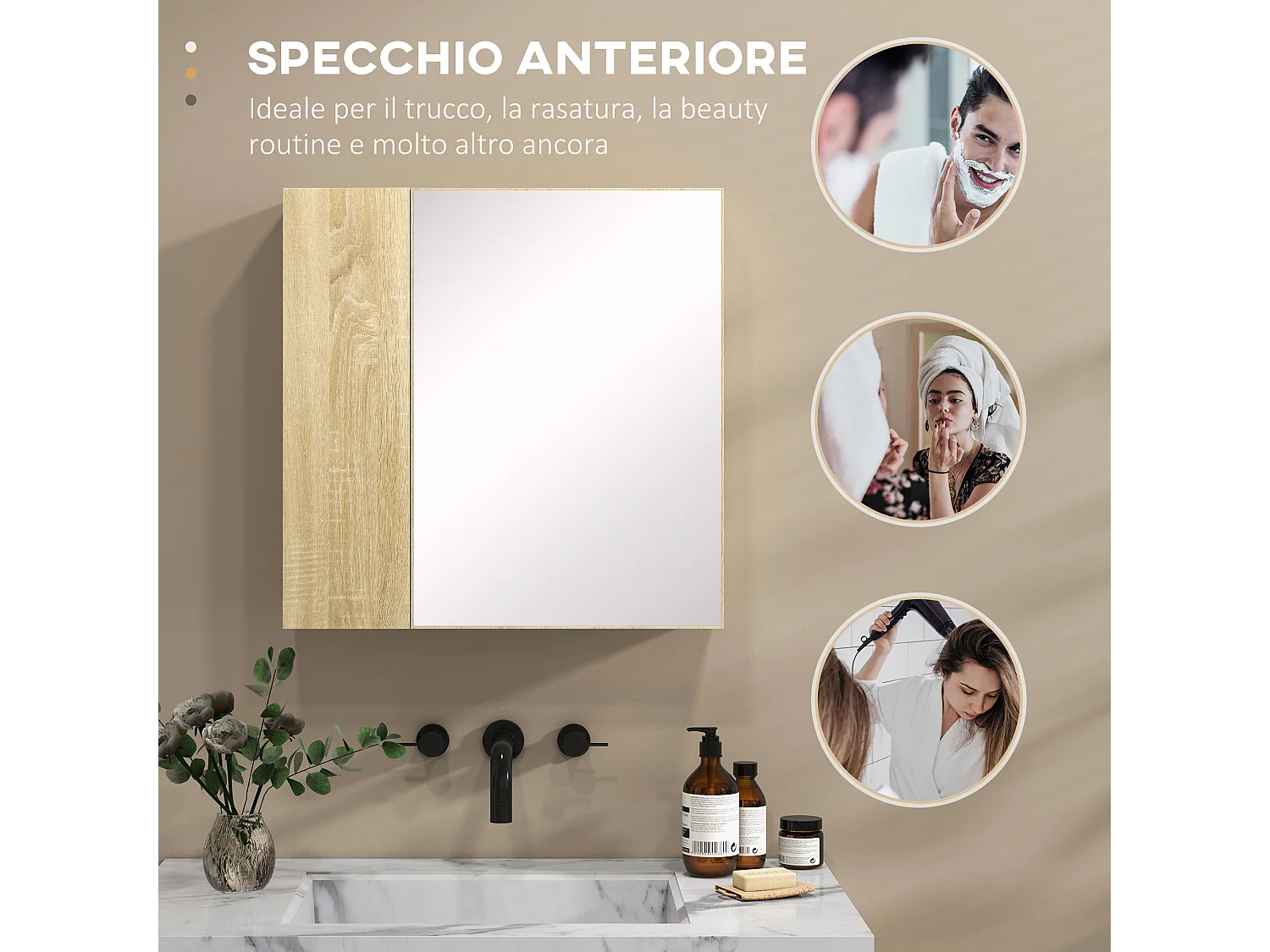 Mobile con specchio per il bagno e 4 ripiani 60x15x60cm