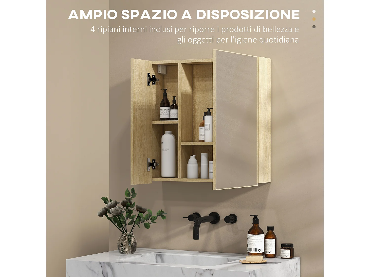 Mobile con specchio per il bagno e 4 ripiani 60x15x60cm