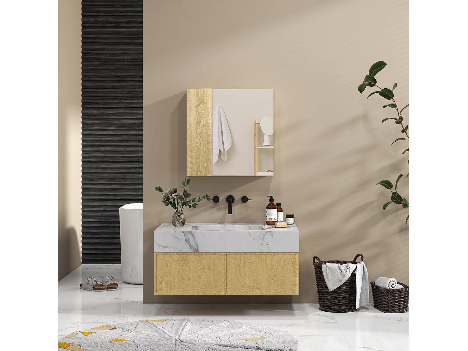 Mobile con specchio per il bagno e 4 ripiani 60x15x60cm