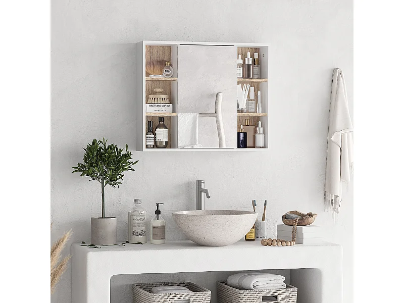 Armadietto con specchio 3 ripiani regolabili e ripiano interno