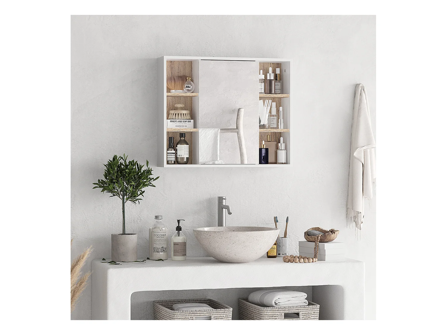 Armadietto con specchio 3 ripiani regolabili e ripiano interno