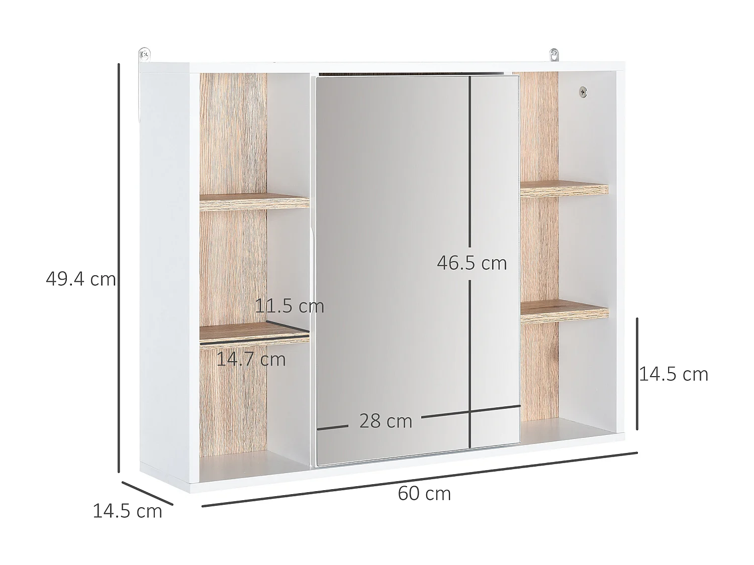 Armadietto con specchio 3 ripiani regolabili e ripiano interno