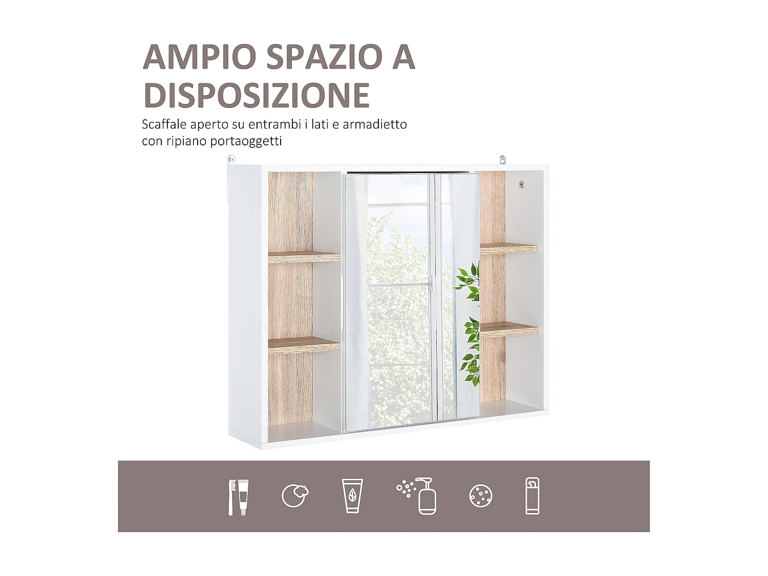 Armadietto con specchio 3 ripiani regolabili e ripiano interno